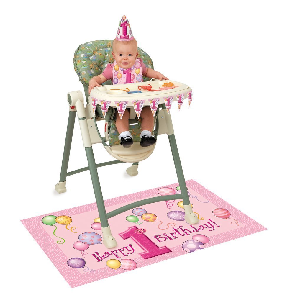 First Birthday Pink Balloons High Chair Kit - (1 Set) | All-Inclusive Decor Bundle with Flag Banner, Floor Mat &amp; Plastic Bib - Ideal for Memorable 1st Birthday Celebration