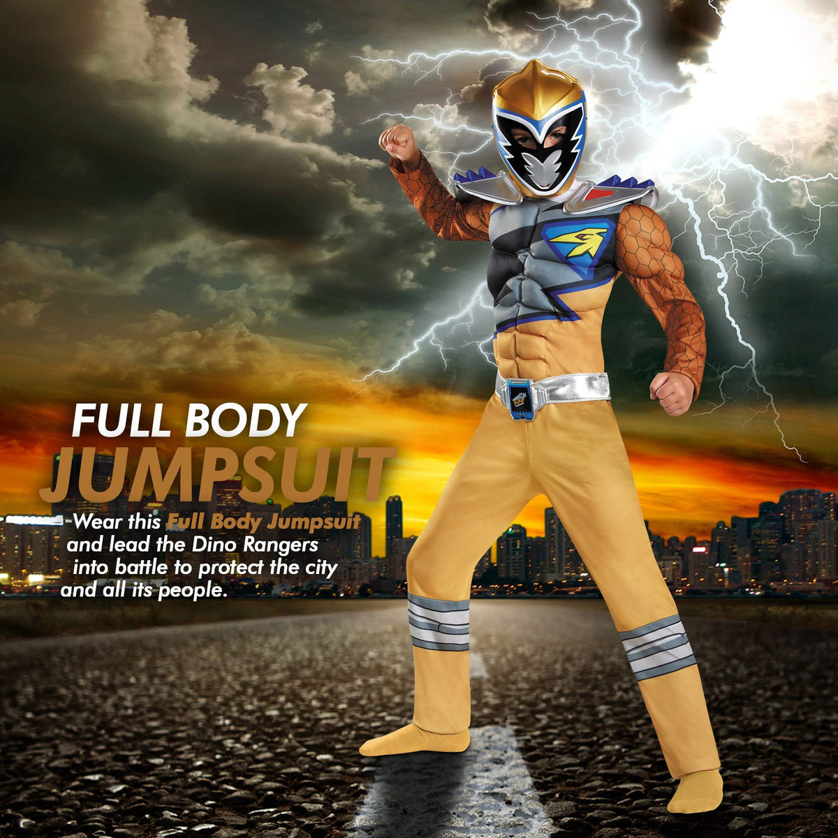 Gold Power Rangers Costume for Kids. Official Licensed Gold Ranger Dino Charge Classic Muscle Power Ranger Suit with Mask for Boys &amp; Girls, Medium (7-8)