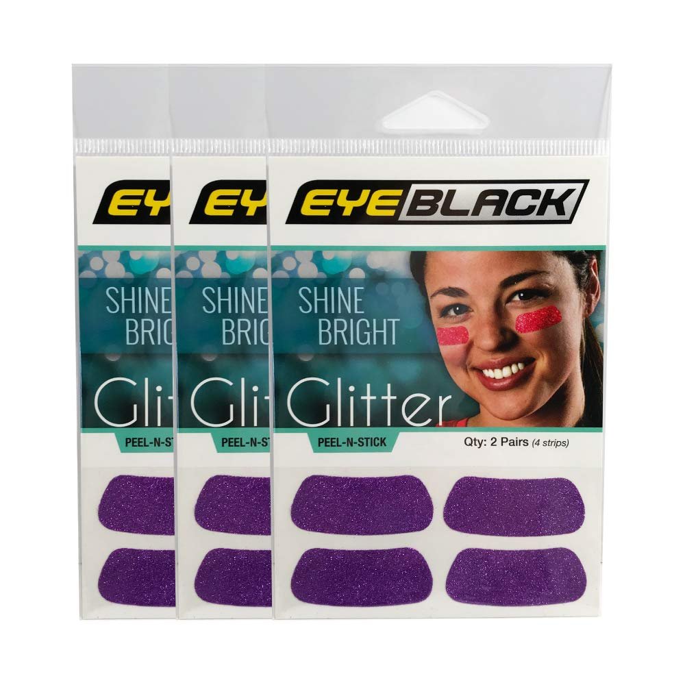 EyeBlack Glitter (6 Pairs or 12 Strips) - Perfect for Soccer, Football, Softball, Baseball and Sporting Events (Purple)