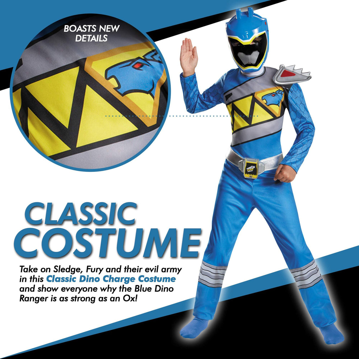 Blue Power Rangers Costume for Kids. Official Licensed Blue Ranger Dino Charge Classic Power Ranger Suit with Mask for Boys &amp; Girls, Medium (7-8)