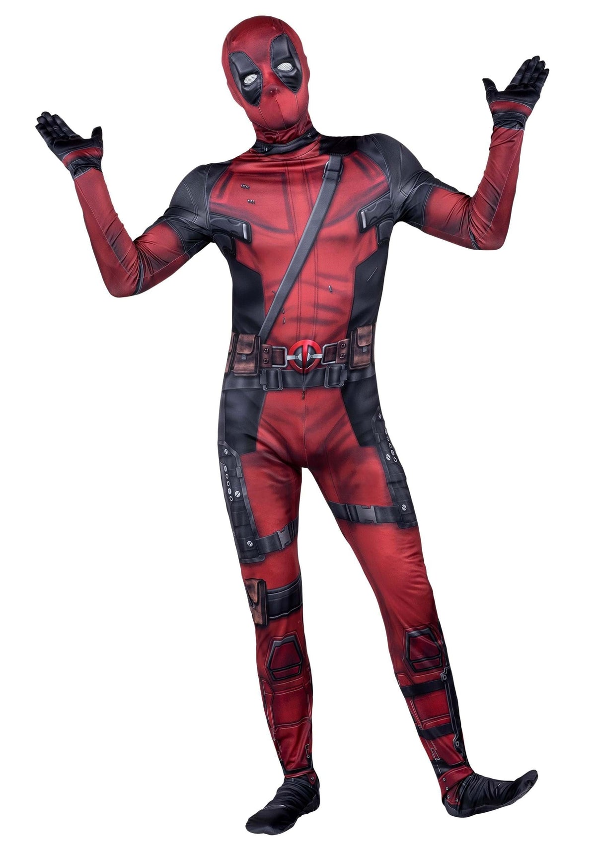 Deadpool Adult Zentai Suit Halloween Costume, Official Full Body Printed Spandex Hero Suit with Hooded Mask