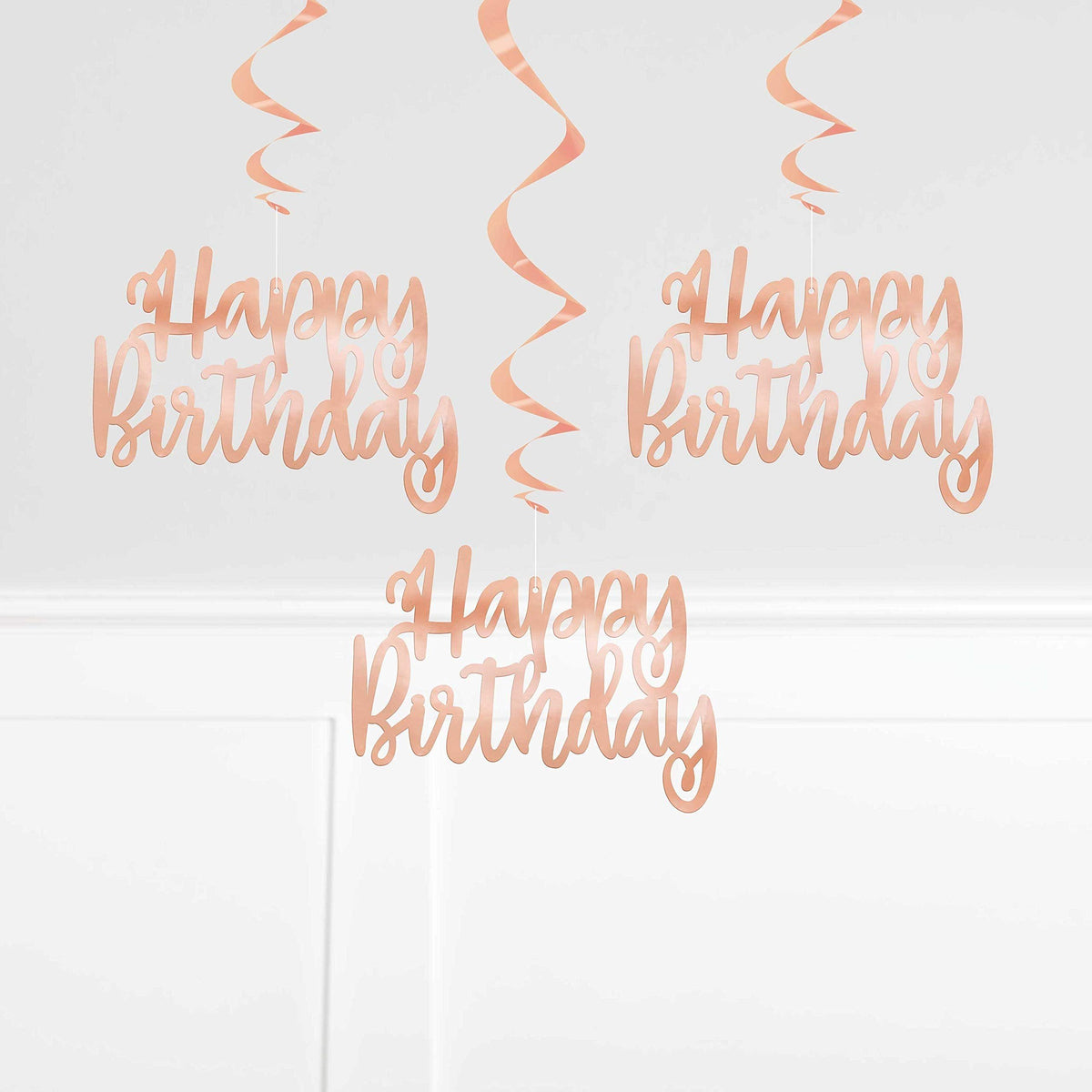 Dazzling Rose Gold Happy Birthday Foil Hanging Swirl Decorations - 32&quot; (Pack of 3) | Versatile &amp; Eye-Catching Party Decor | Ideal for Any Events