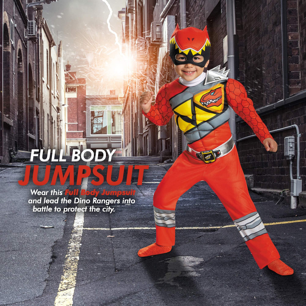 Red Power Rangers Costume for Toddlers. Official Licensed Red Ranger Dino Charge Classic Muscle Power Ranger Suit with Mask for Boys &amp; Girls, Medium (3T-4T)