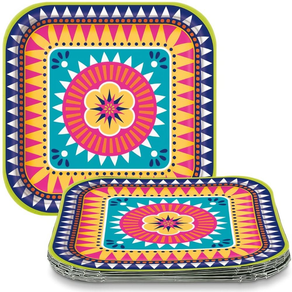 Square Dinner Paper Plates - 9" | Boho Fiesta | 8 Pcs