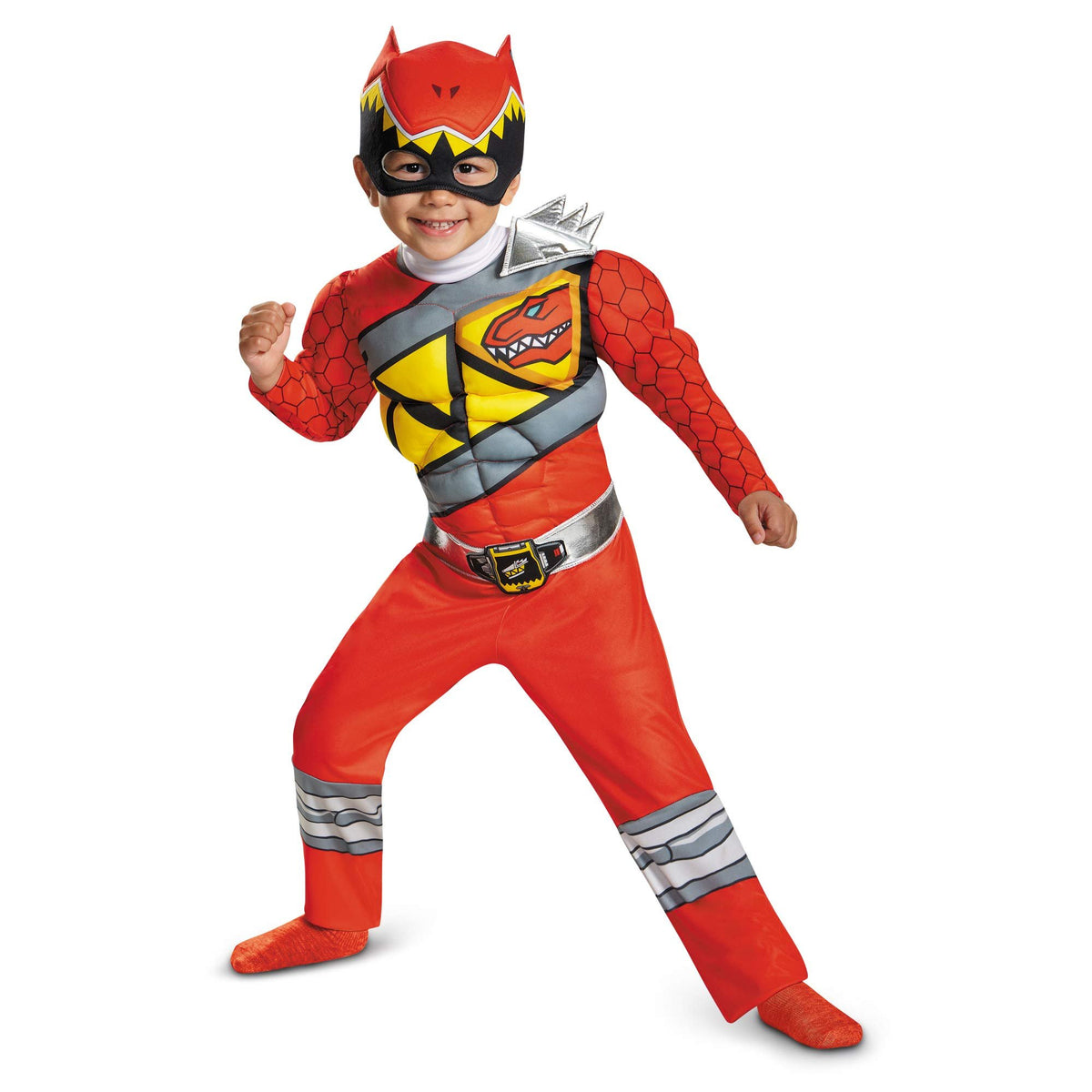 Red Power Rangers Costume for Toddlers. Official Licensed Red Ranger Dino Charge Classic Muscle Power Ranger Suit with Mask for Boys &amp; Girls, Medium (3T-4T)