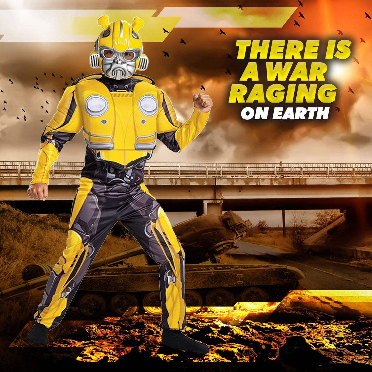 Transformers Bumblebee Costume for Kids. Official Licensed Autobot Yellow Volkswagen Bug Classic Muscle Costume Suit for Boys &amp; Girls, Medium (7-8)