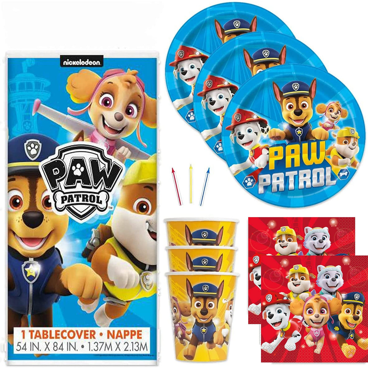 Paw Patrol Theme Birthday Party Set - Serves 16 - Tablecover, Plates, Napkins, Cups, Candles