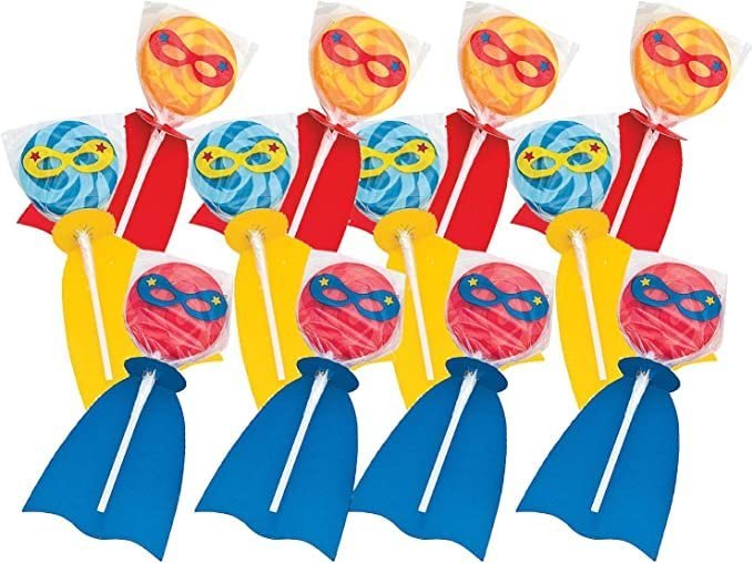 Fun Express Superhero Swirl Pop Suckers (12 individually wrapped lollipops) Party Candy and Favors - VBS Vacation Bible School Supplies/Decor