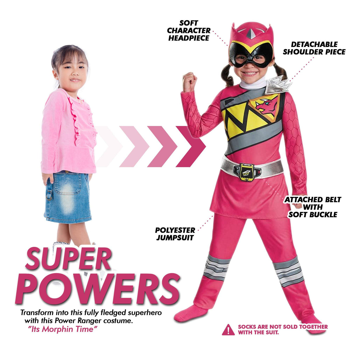 Pink Power Rangers Costume for Toddlers. Official Licensed Pink Ranger Dino Charge Classic Power Ranger Suit with Mask for Girls, Medium (3T-4T)