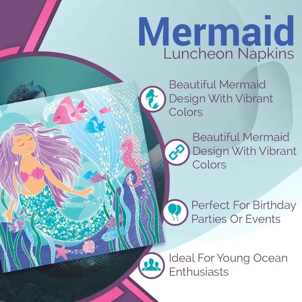 Mermaid Design Luncheon Napkins (Pack of 16) - Enchanting Designs Perfect for Under-the-Sea Themed Parties & Celebrations