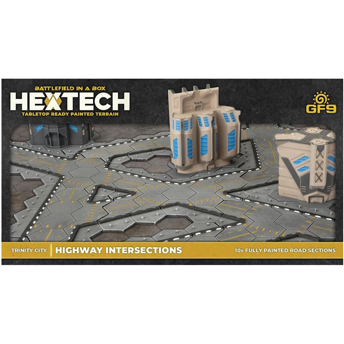 GF9: Hextech Trinity City: Highway Intersections - 10 Road Sections, Battlefield in A Box, Tabletop Ready Painted Terrain, Sci-Fi, RPG Accessory