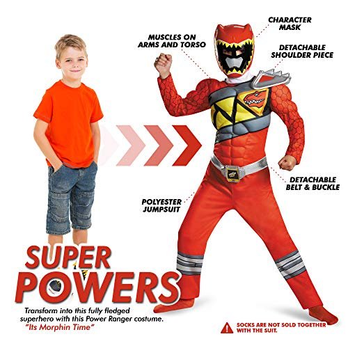 Red Power Rangers Costume for Kids. Official Licensed Red Ranger Dino Charge Classic Muscle Power Ranger Suit with Mask for Boys &amp; Girls, Medium (7-8)