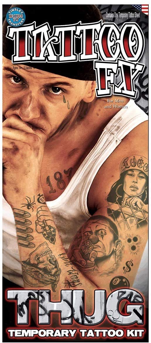 Tinsley Transfers Prison 18 and Life Temporary Tattoo FX Costume Kit (14 Tattoos), Black/White