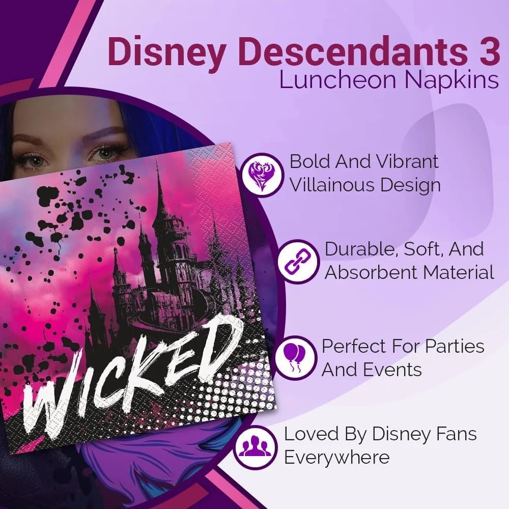 Unique Disney Descendants 3 "WICKED" Multicolor Luncheon Paper Napkins (Pack of 16) - Vibrant & Eco-Friendly Napkins, Perfect for Parties and Celebrations