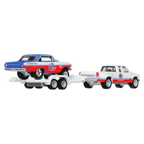 Hot Wheels Team Transport '63 Chevy Nova & '88 Chevy Silverado Die-Cast Vehicle Set, Race Car with Trailer, VP Racing, 1:64 Scale Model