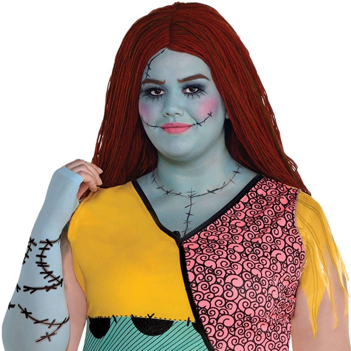 Party City Sally Costume for Women, The Nightmare Before Christmas - Costume Includes Patchwork Dress, Red Wig, Arm Warmers &amp; Tights - Costumes for Halloween, Birthday Parties &amp; Themed Event