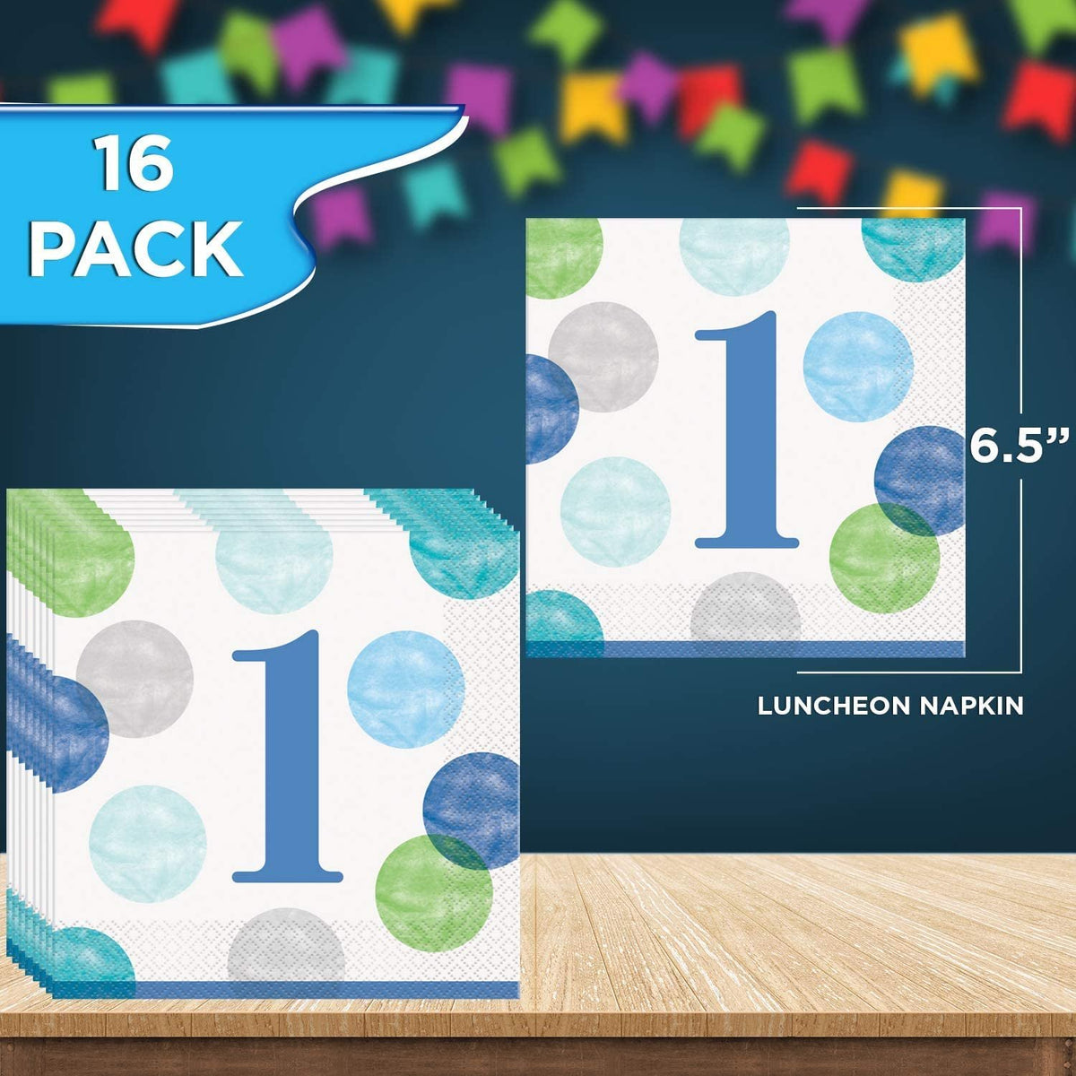Unique Blue Dots Baby Boy 1st Birthday Party Bundle | Beverage & Luncheon Napkins, Dinner & Dessert Plates | Great for Child's 1st Birthday Celebration, Kid's Party