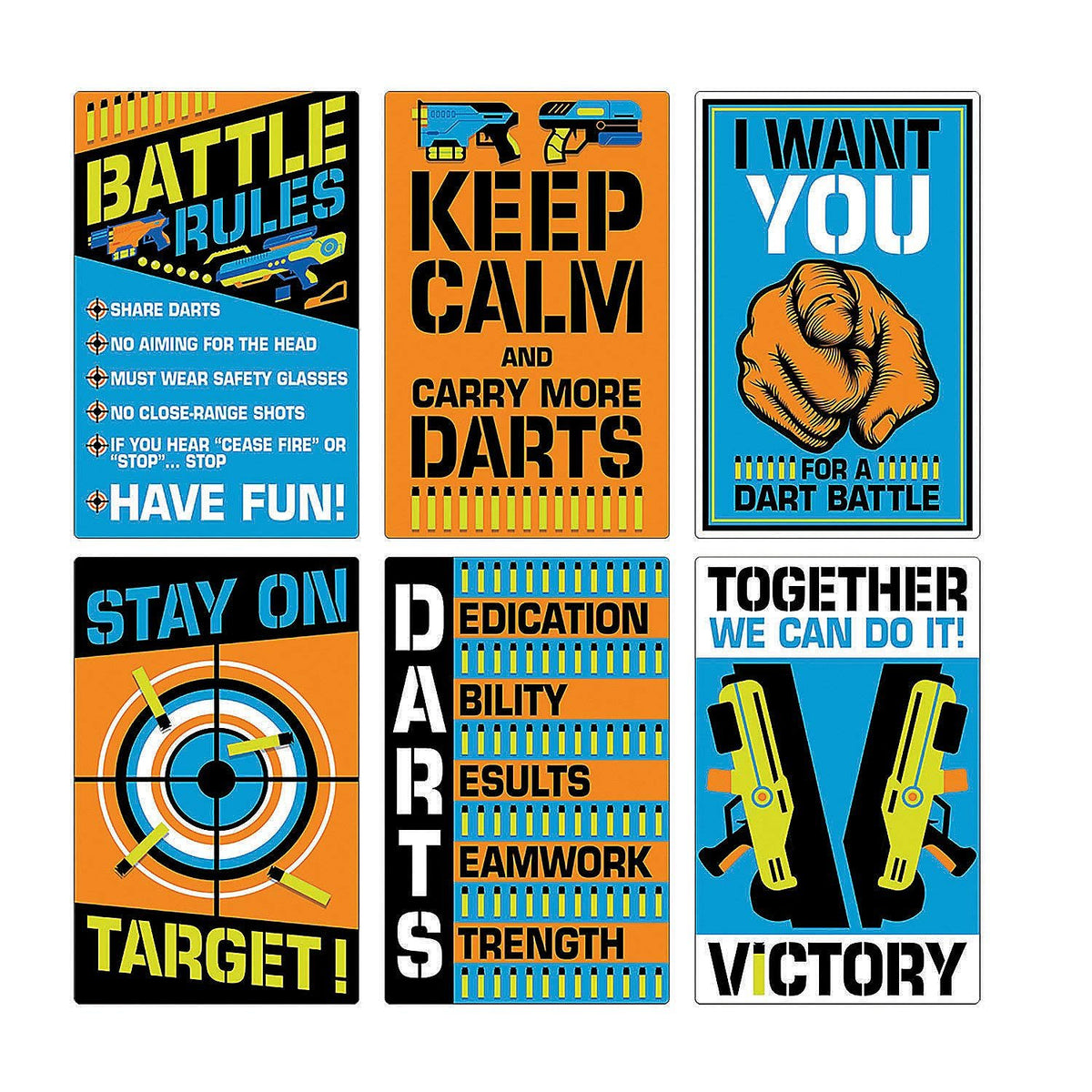 Dart Gun Battle Party Wall Posters - 6 Poster Set, Each is 14 inch x 22 inch - Birthday Party Decor