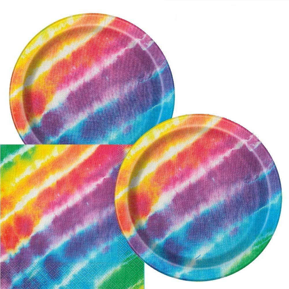 Tie Dye Happy Birthday Plates & Napkins Party Supplies - 9" Happy Birthday Party Plates for Lunch Serves 16 - Birthday Paper Plates & Napkin Set
