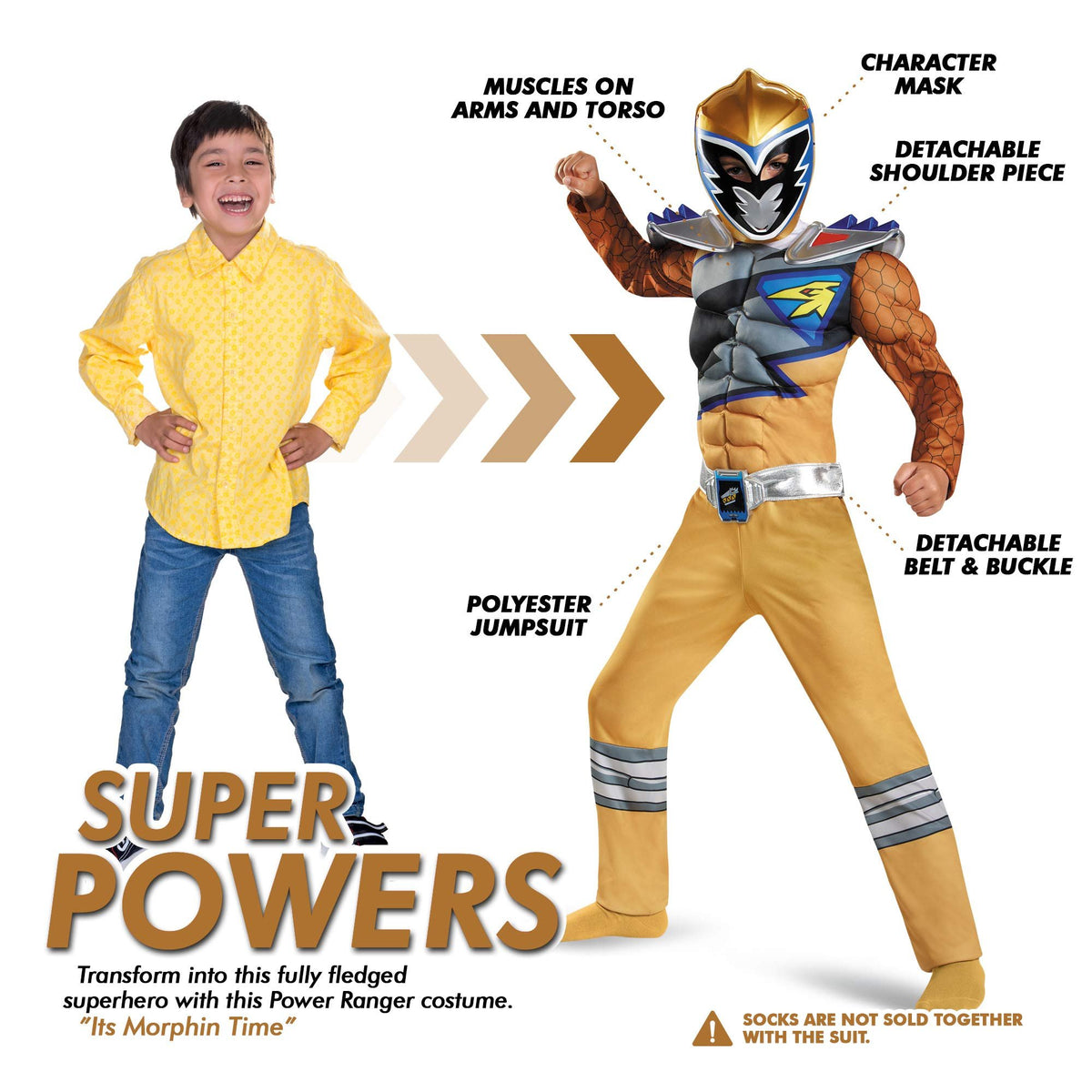 Gold Power Rangers Costume for Kids. Official Licensed Gold Ranger Dino Charge Classic Muscle Power Ranger Suit with Mask for Boys &amp; Girls, Medium (7-8)