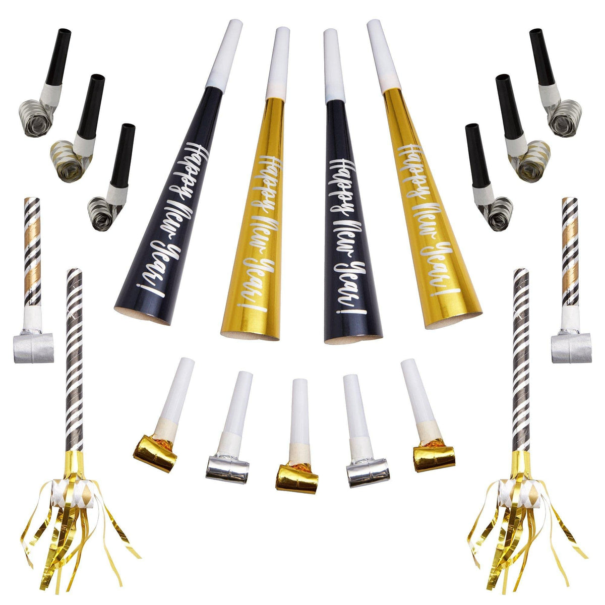 Black, Gold & Silver Party Horns & Blowouts Set - Perfect Party Supplies & Party Noise Makers for New Year's Eve, Graduation Parties, Birthdays & More