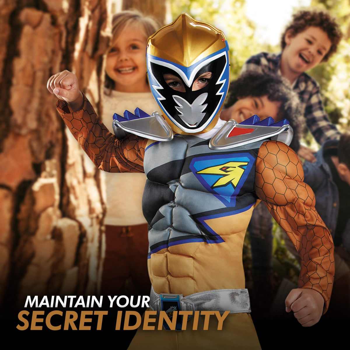 Gold Power Rangers Costume for Kids. Official Licensed Gold Ranger Dino Charge Classic Muscle Power Ranger Suit with Mask for Boys &amp; Girls, Medium (7-8)