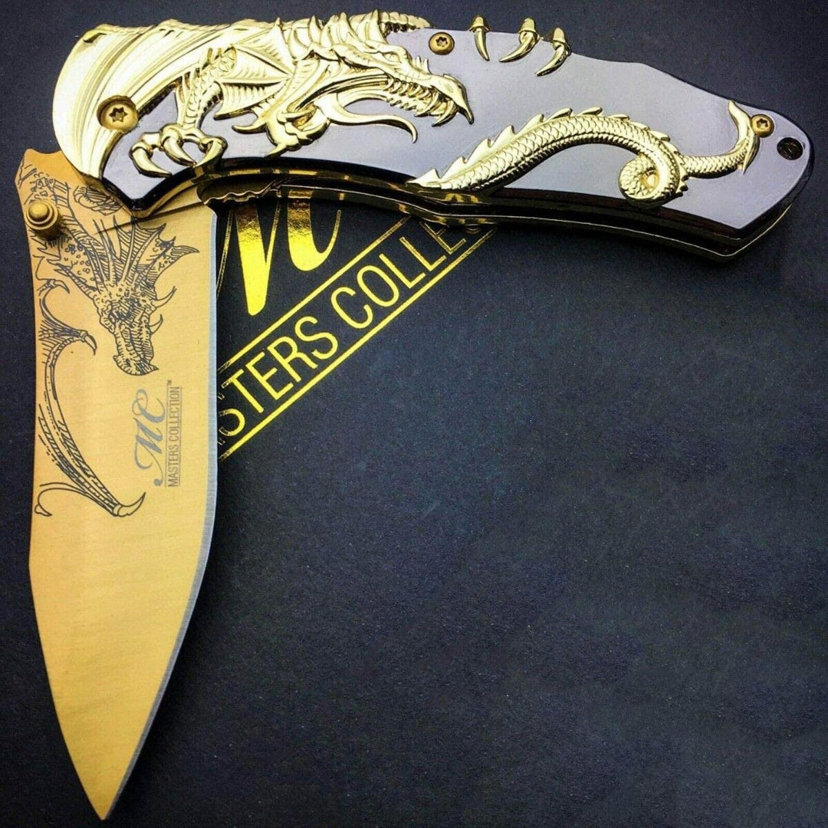 9&quot; Gold Dragon Spring Assisted Open Tactical Folding Pocket Knife w/ Gift Box
