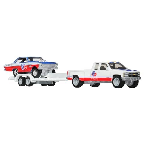 Hot Wheels Team Transport '63 Chevy Nova & '88 Chevy Silverado Die-Cast Vehicle Set, Race Car with Trailer, VP Racing, 1:64 Scale Model