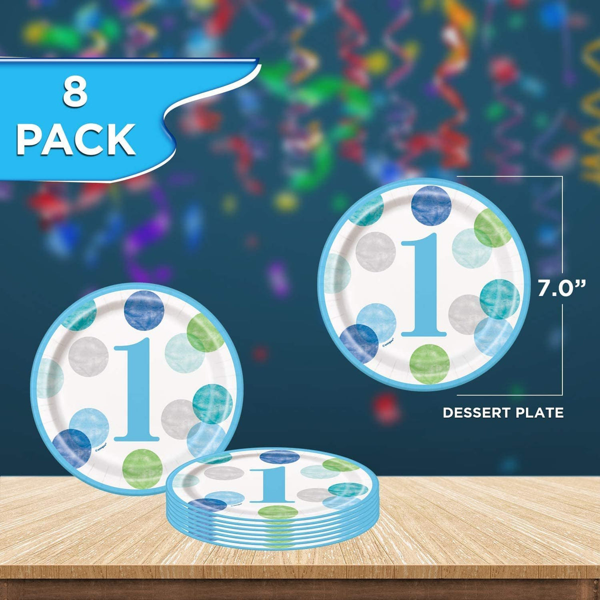Unique Blue Dots Baby Boy 1st Birthday Party Bundle | Beverage & Luncheon Napkins, Dinner & Dessert Plates | Great for Child's 1st Birthday Celebration, Kid's Party