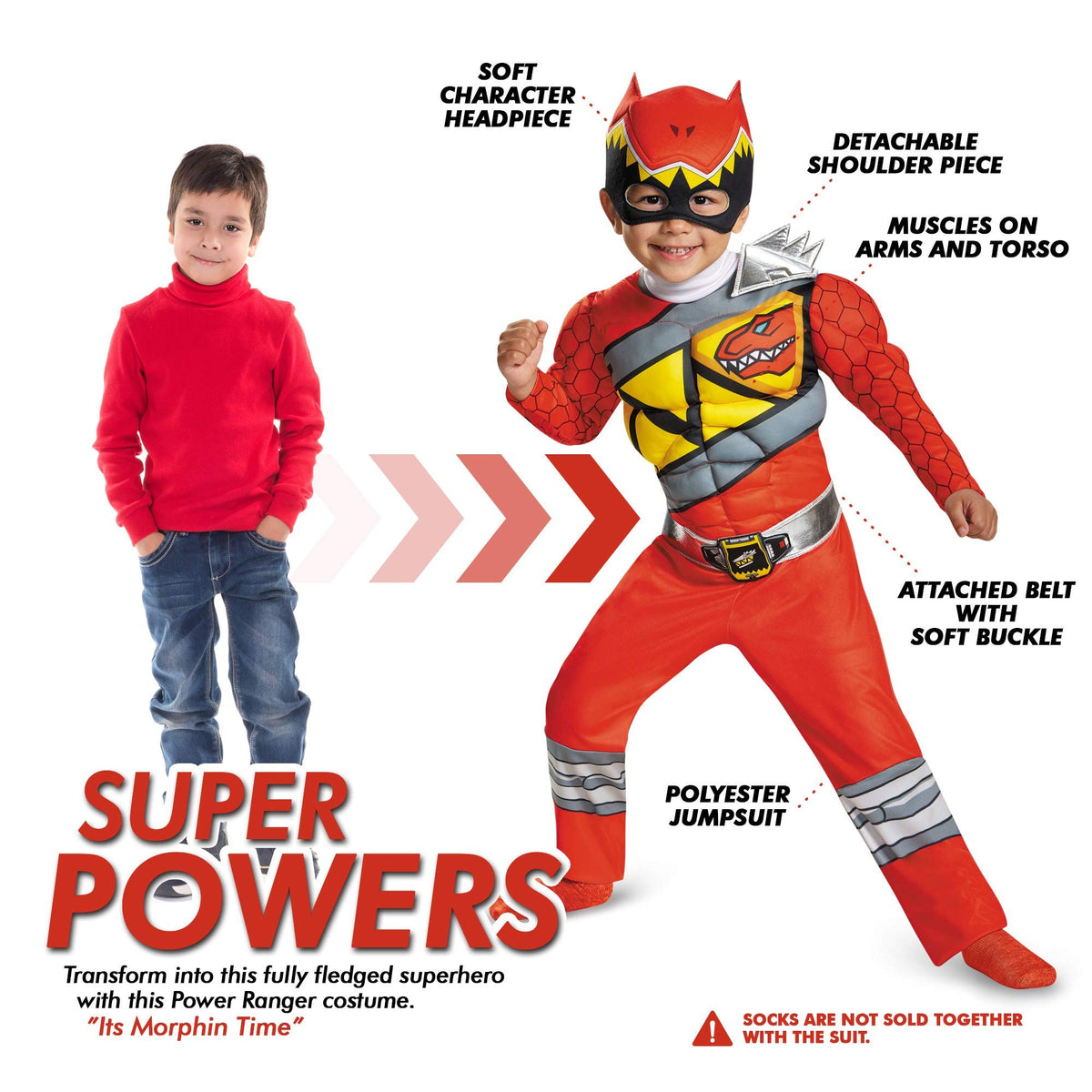 Red Power Rangers Costume for Toddlers. Official Licensed Red Ranger Dino Charge Classic Muscle Power Ranger Suit with Mask for Boys &amp; Girls, Medium (3T-4T)