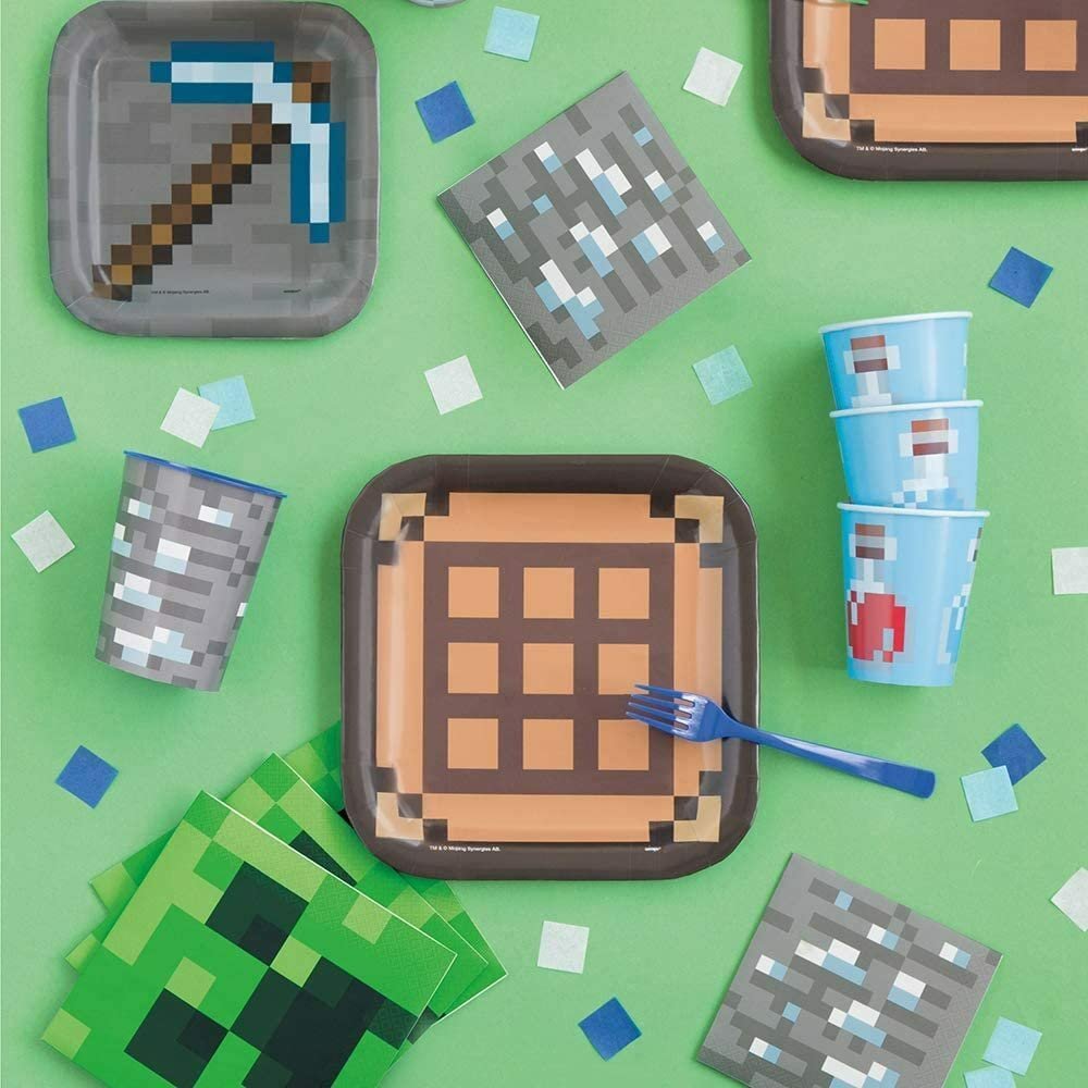Multicolor Minecraft Square Dessert Plates (7") 8 Count - Unique Design, Super Sturdy & Fun, Ideal for Geeks, Gamers & Kids Themed Parties