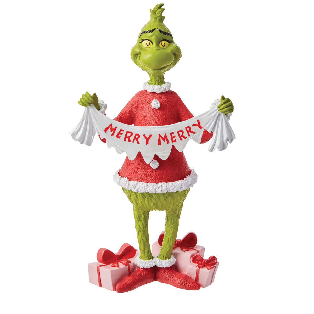 Department 56 Dr. Seuss The Grinch Holding Merry Christmas Banner Figurine, 8.875 Inch, Multicolor