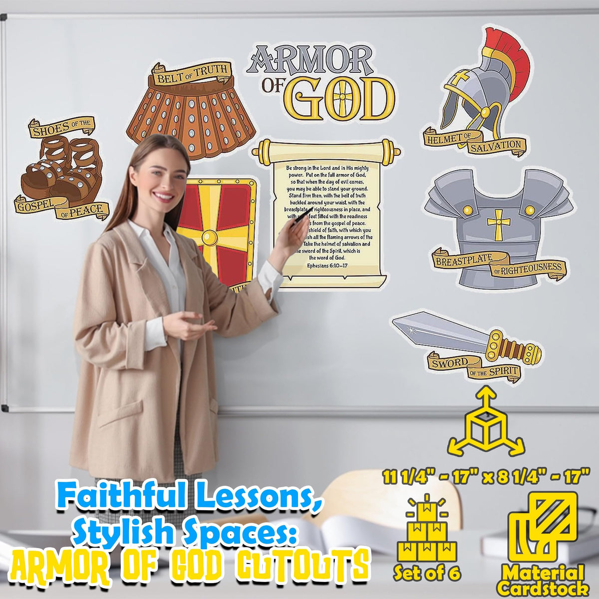 Fun Express Armor of God Cutouts - Set of 6 - Sunday School and Religious Classroom Decor - VBS Vacation Bible School Supplies/Decor