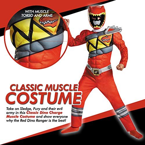 Red Power Rangers Costume for Kids. Official Licensed Red Ranger Dino Charge Classic Muscle Power Ranger Suit with Mask for Boys &amp; Girls, Medium (7-8)