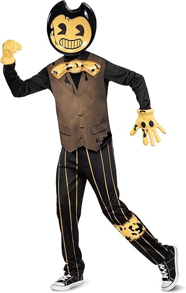 Disguise Bendy Costume for Kids, Deluxe Official Bendy and the Dark Revival Costumes with Mask and Bowtie, Size Large (10-12)