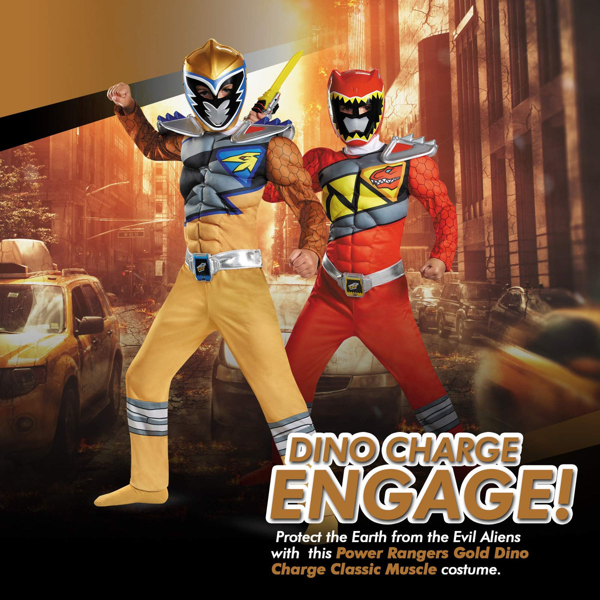 Disguise Gold Power Rangers Dino Charge Classic Muscle Costume for Boys with Mask, Small (4-6)