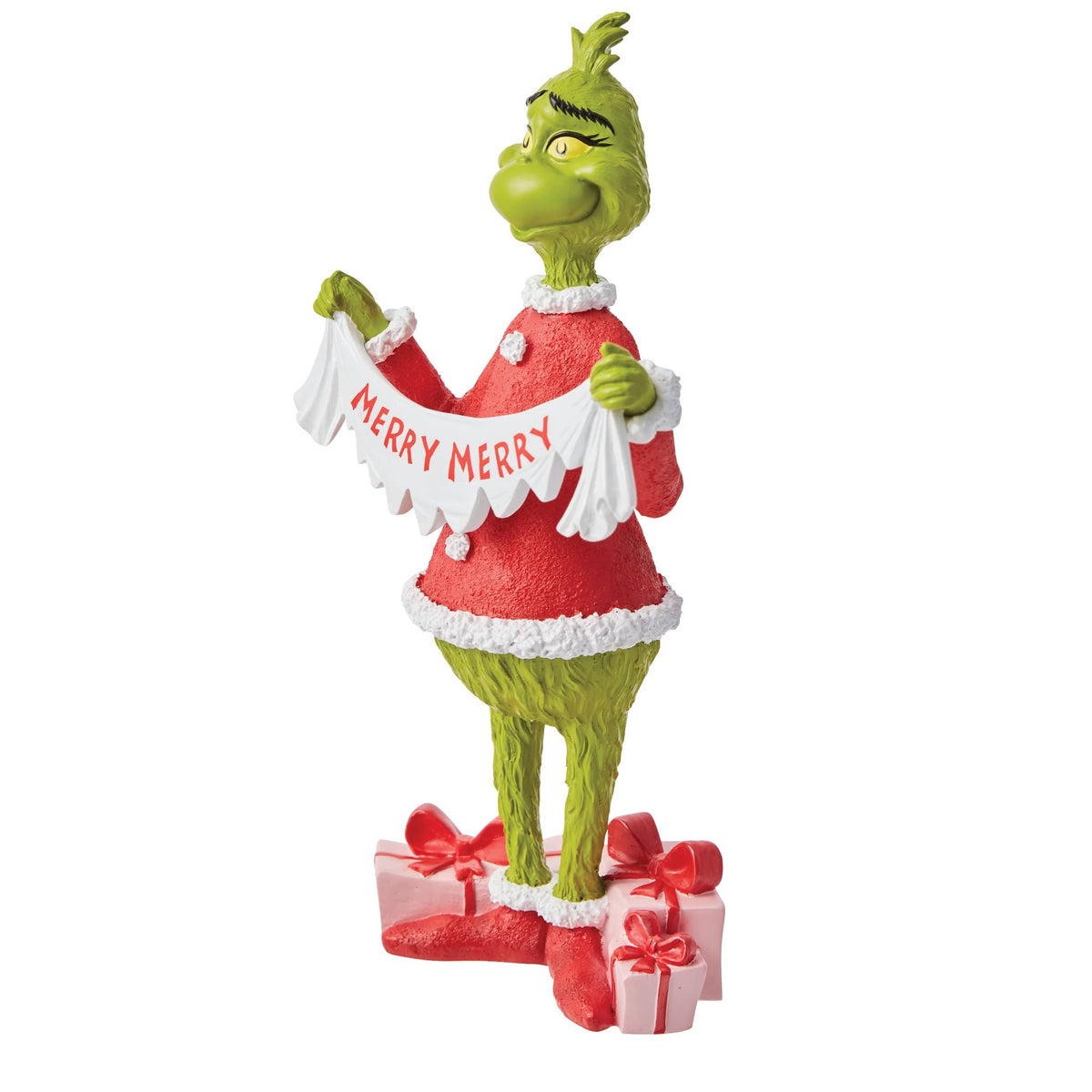Department 56 Dr. Seuss The Grinch Holding Merry Christmas Banner Figurine, 8.875 Inch, Multicolor