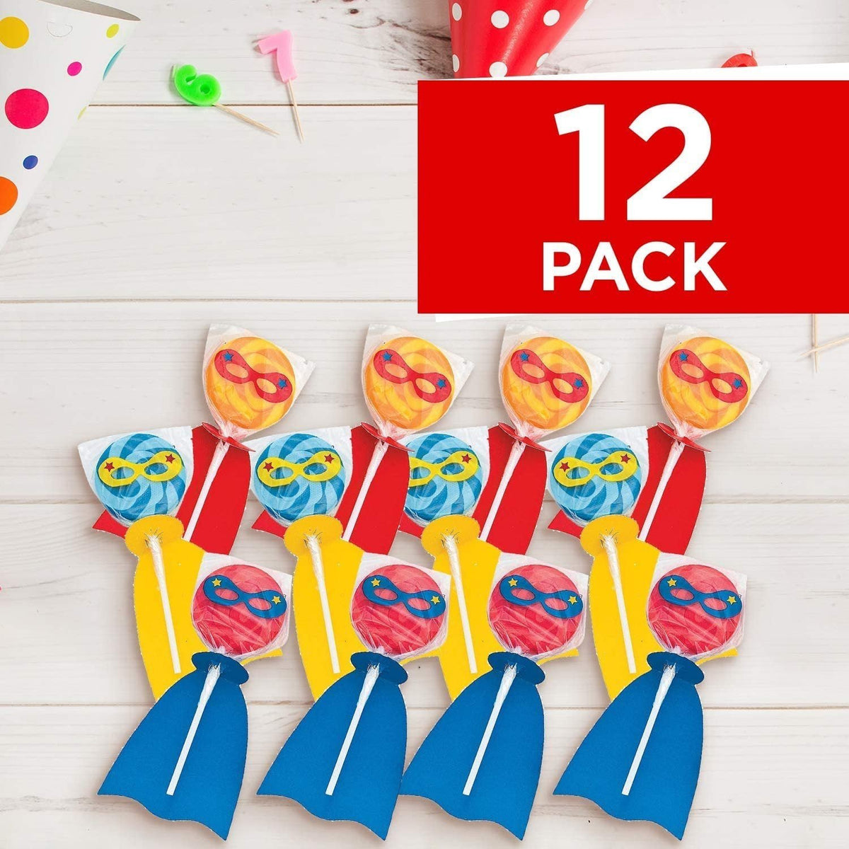 Fun Express Superhero Swirl Pop Suckers (12 individually wrapped lollipops) Party Candy and Favors - VBS Vacation Bible School Supplies/Decor