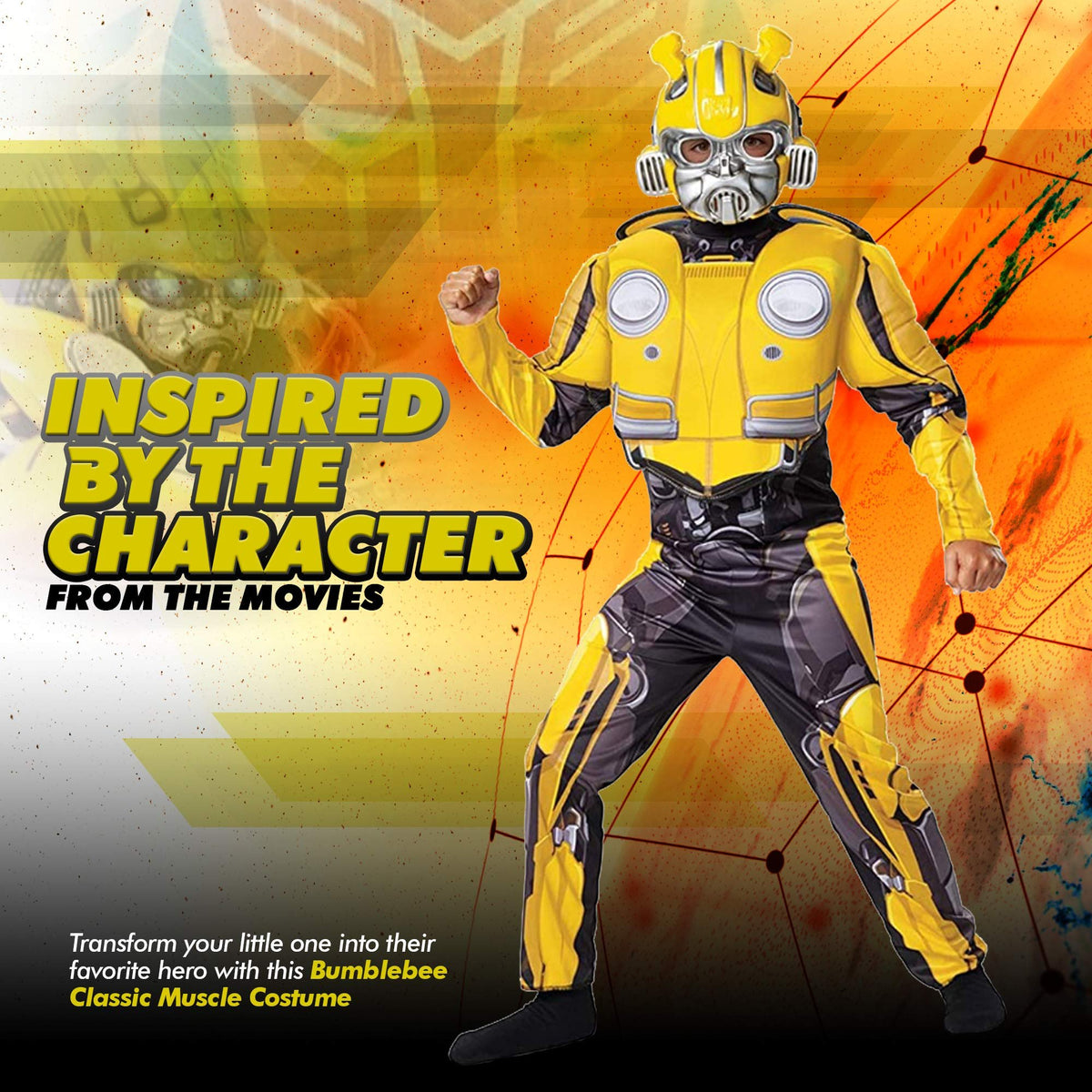 Transformers Bumblebee Costume for Kids. Official Licensed Autobot Yellow Volkswagen Bug Classic Muscle Costume Suit for Boys &amp; Girls, Medium (7-8)