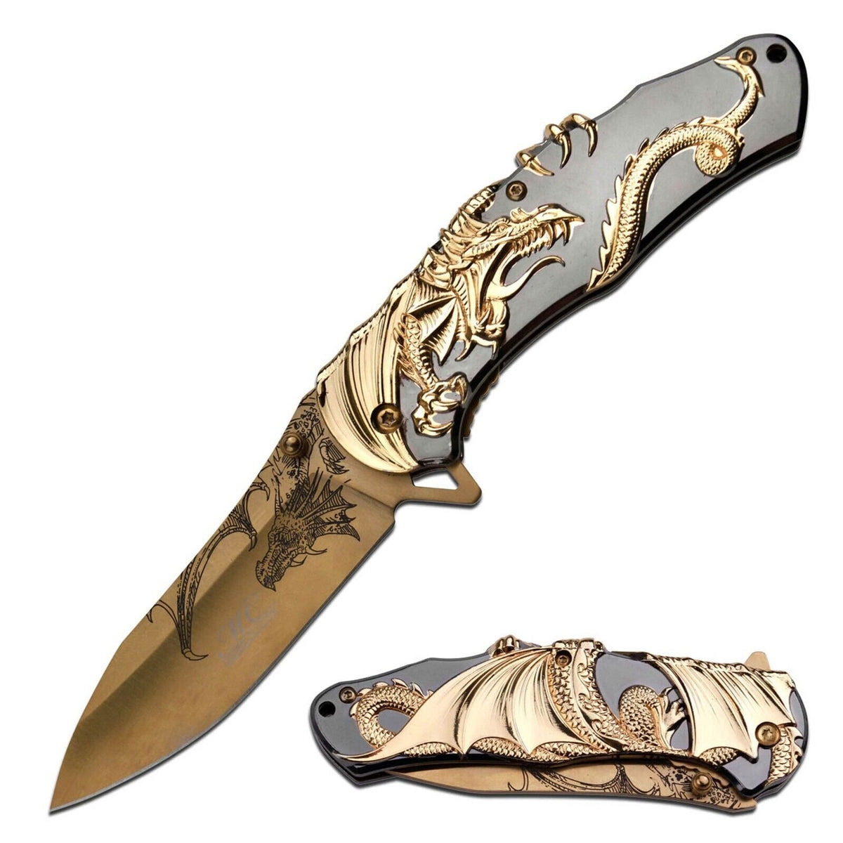 9&quot; Gold Dragon Spring Assisted Open Tactical Folding Pocket Knife w/ Gift Box