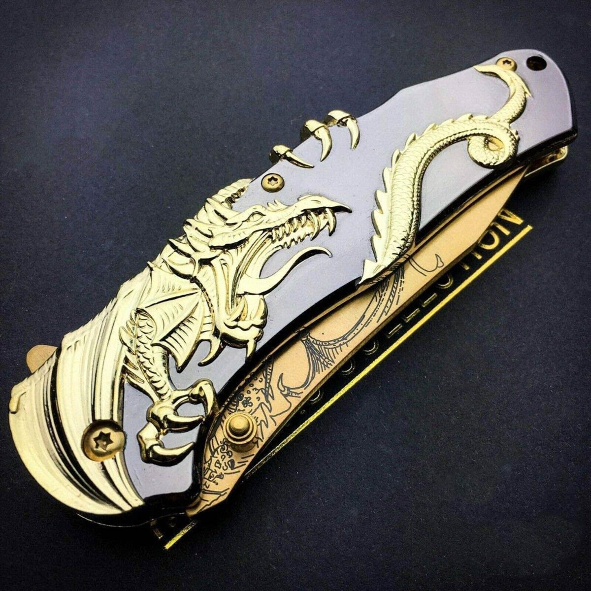 9&quot; Gold Dragon Spring Assisted Open Tactical Folding Pocket Knife w/ Gift Box