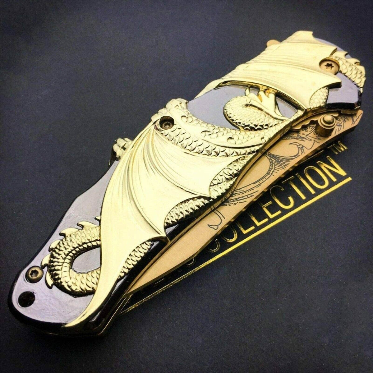 9&quot; Gold Dragon Spring Assisted Open Tactical Folding Pocket Knife w/ Gift Box