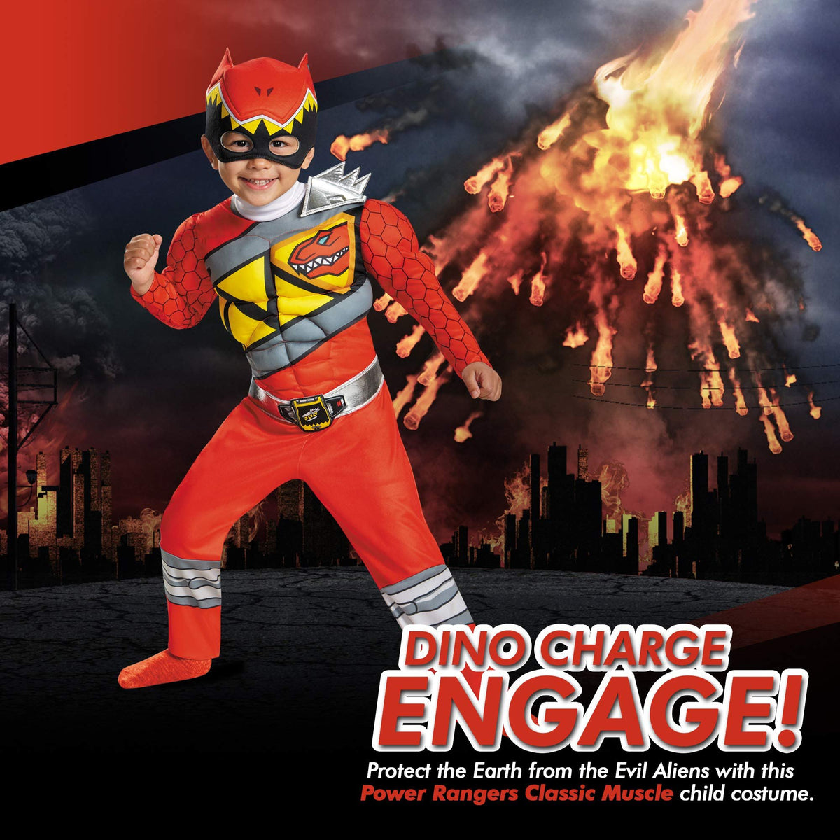Red Power Rangers Costume for Toddlers. Official Licensed Red Ranger Dino Charge Classic Muscle Power Ranger Suit with Mask for Boys &amp; Girls, Medium (3T-4T)