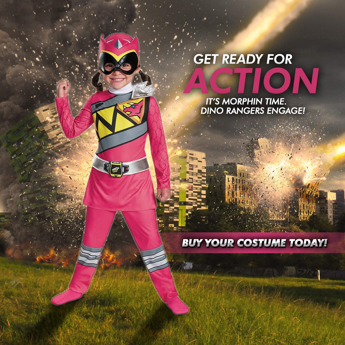 Pink Power Rangers Costume for Toddlers. Official Licensed Pink Ranger Dino Charge Classic Power Ranger Suit with Mask for Girls, Medium (3T-4T)