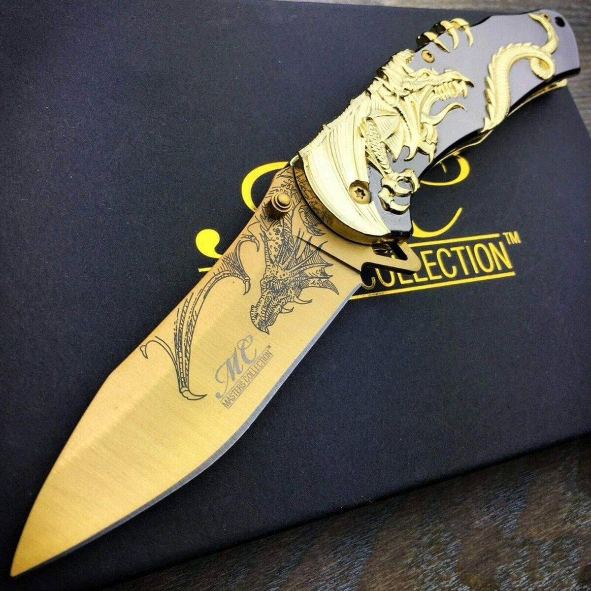 9&quot; Gold Dragon Spring Assisted Open Tactical Folding Pocket Knife w/ Gift Box
