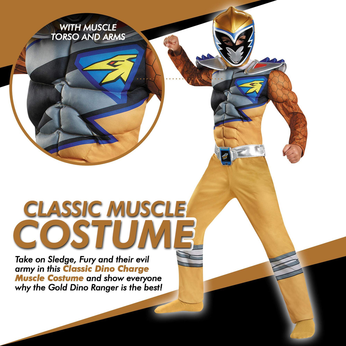 Gold Power Rangers Costume for Kids. Official Licensed Gold Ranger Dino Charge Classic Muscle Power Ranger Suit with Mask for Boys &amp; Girls, Medium (7-8)