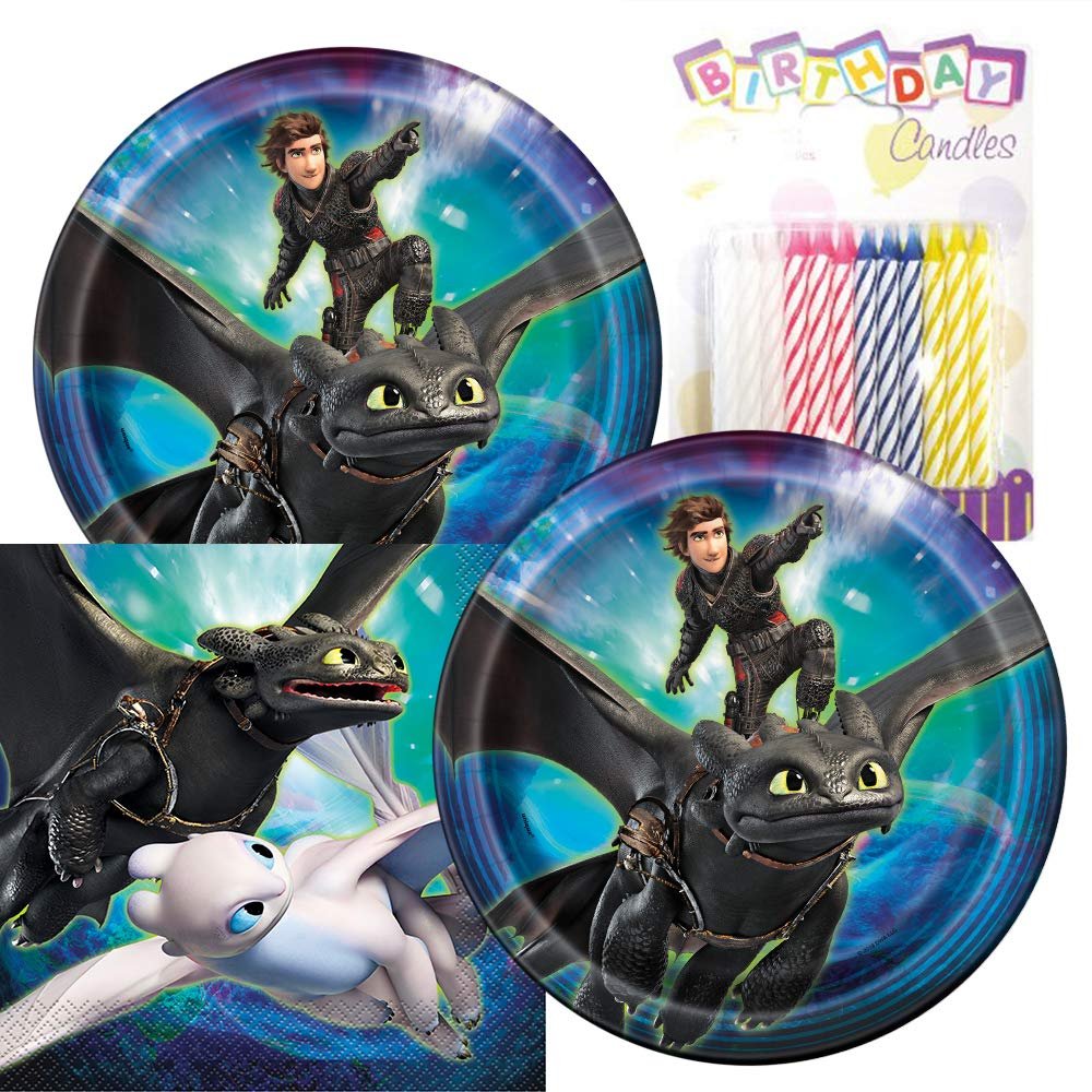How To Train Your Dragon Themed Party Pack – Includes Paper Plates & Luncheon Napkins Plus 24 Birthday Candles – Serves 16