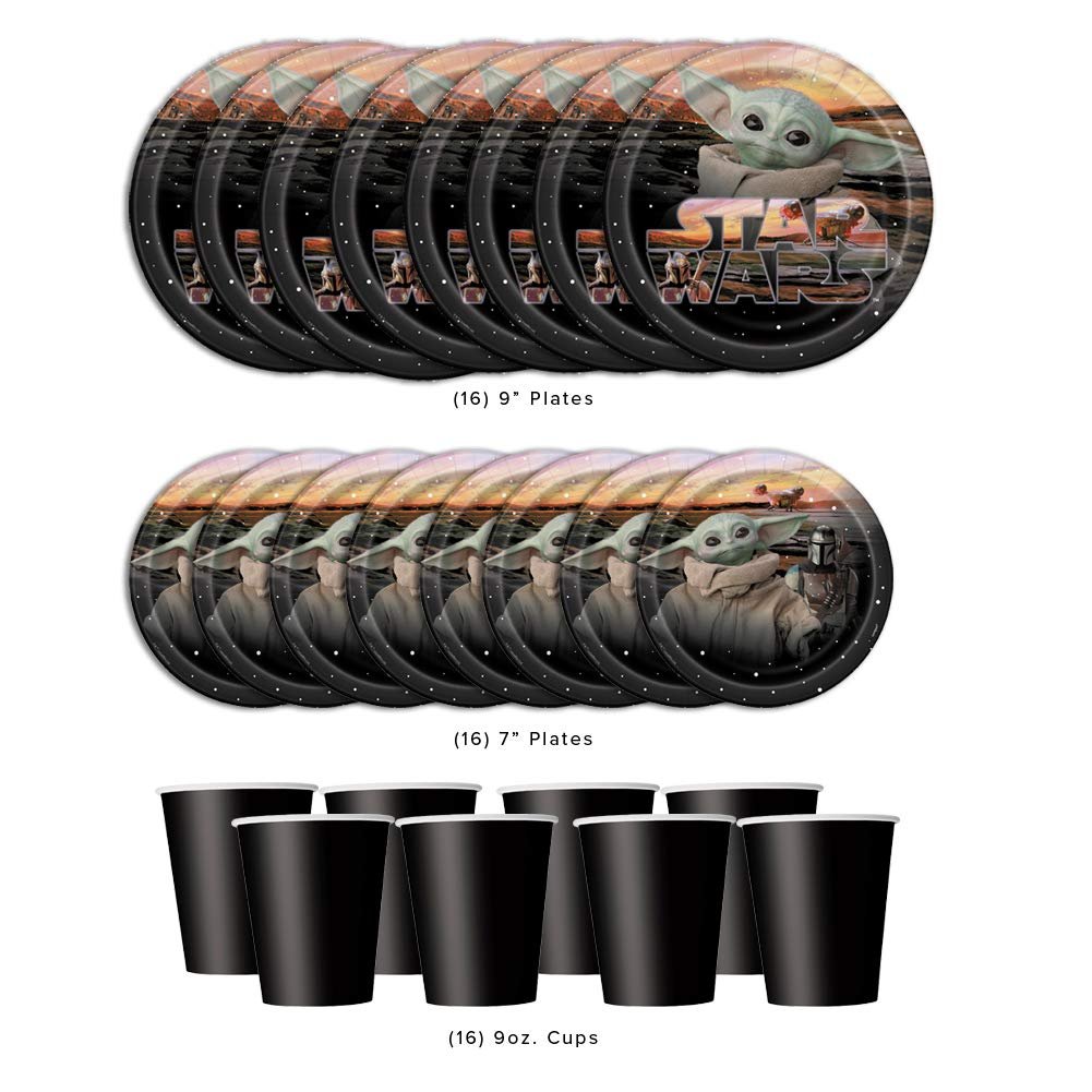 Baby Yoda Mandalorian The Child Themed Happy Birthday Party Supplies for Kids, Serves 16, Decor and Dinnerware with Balloons, Banner, Table Cover, Party Planner, Cups, Plates, Napkins, Sticker and