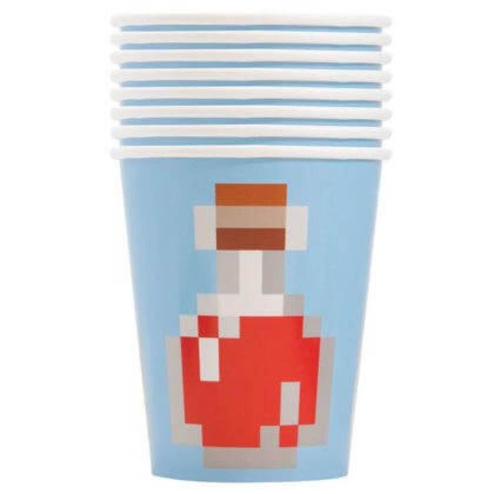 Multicolor Paper Minecraft Cups (9oz) 8 Count - Perfect for Kids&#39; Parties, Themed Events, and Gaming Celebrations