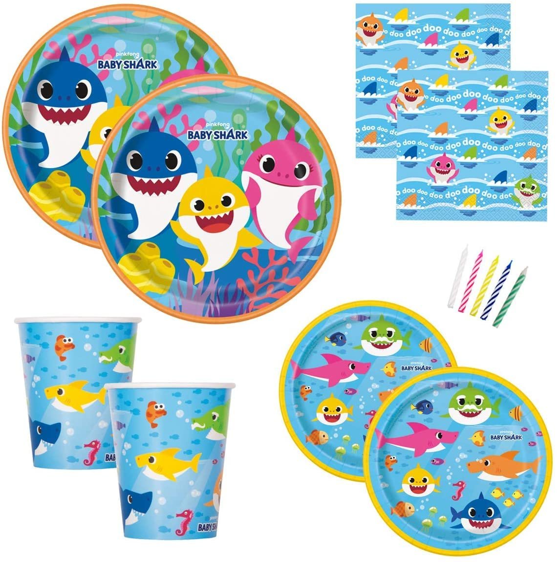 Baby Shark Theme Birthday Party Supplies Set for Boys or Girls - Serves 16 - Plates, Napkins, Cups and Candles - Dododo